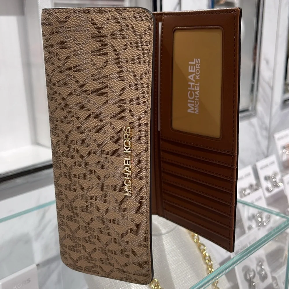 Michael Kors Jet Set Large Logo Trifold Wallet Camel Multi  NWT